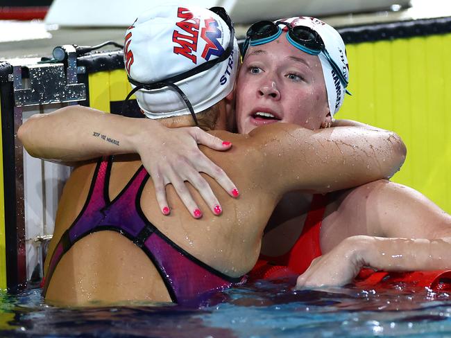 Jenna Strauch congratulates Ella Ramsay after the women’s 200m Breaststroke final. Picture: Quinn Rooney/Getty Images