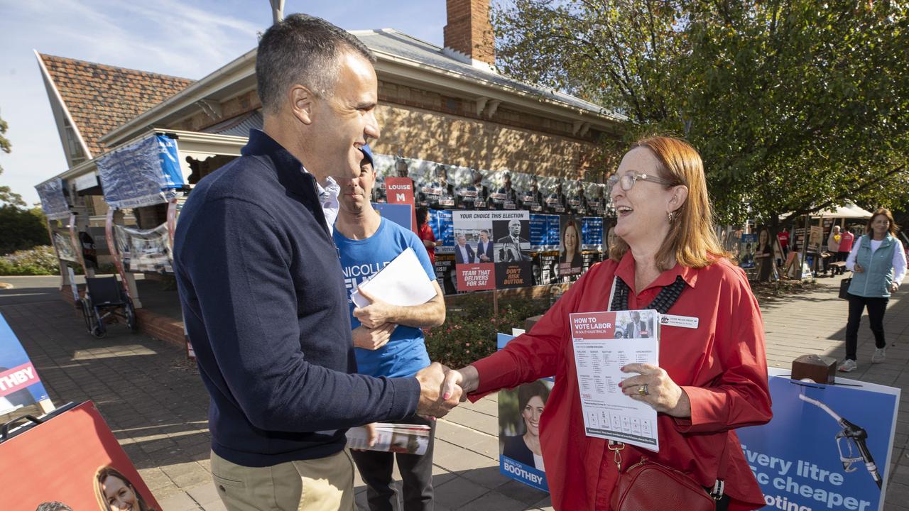 Premier Peter Malinauskas with Labor candidate for Boothby Louise Miller Frost, at Mitcham Village Institute. Picture: Brett Hartwig