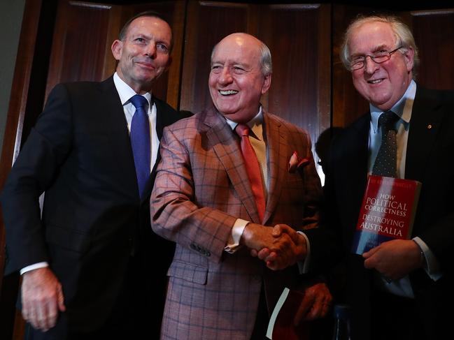 6/6/18: L to R..Former PM Tony Abbott, SydneyÕs top rating broadcaster Alan Jones and Dr Kevin DonnellyÕ at the launch of Kevin DonnellyÕs new book HOW POLITICAL CORRECTNESS IS DESTROYING AUSTRALIA. John Feder/The Australian.