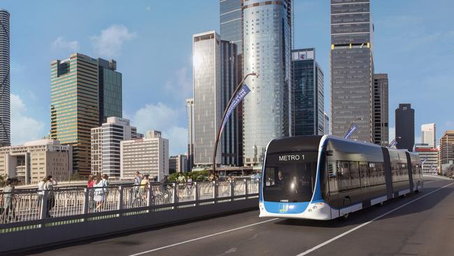 An artist impression of a Brisbane Metro electric vehicle crossing Victoria Bridge.