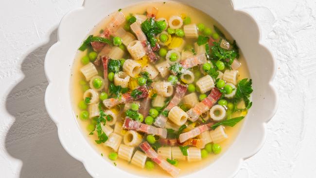 Brothy pea and ham pasta. Picture: Nikki To