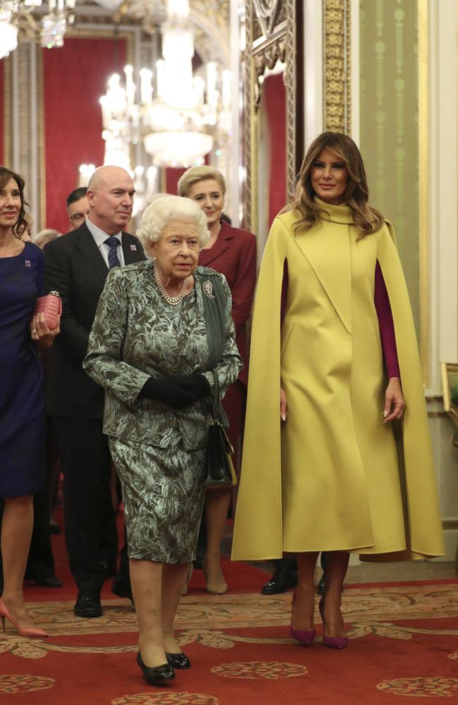 The Queen walking alongside Melania Trump in Buckingham Palace. Picture: Yui Mok/AP