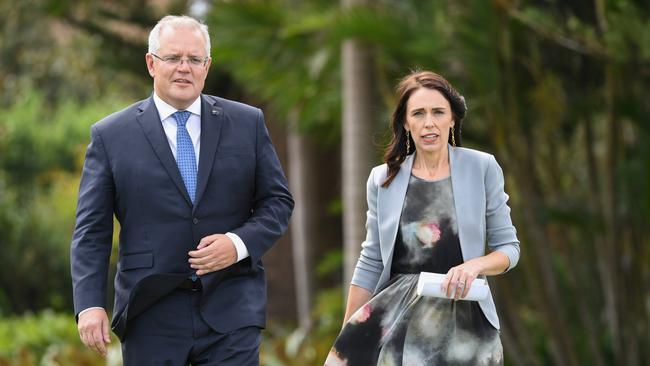 Jacinda Ardern and Scott Morrison at Admiralty House in February 2020. Picture: Getty Images.