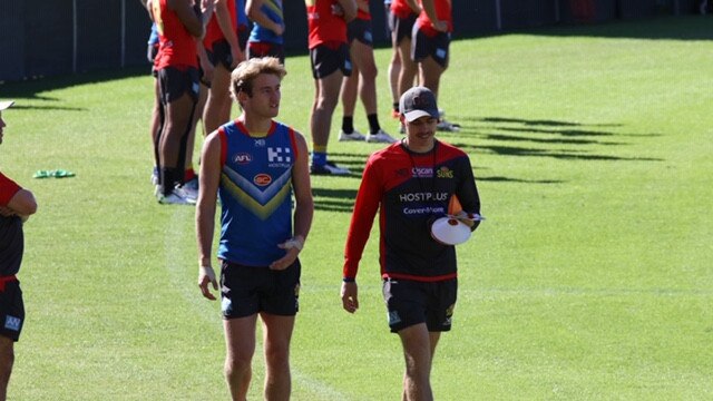 Gold Coast mid-season draftee Mitch Riordan (left) at Suns training. Picture: Supplied.