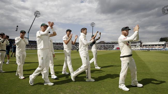 The Australian team celebrate victory in the first Test at Edgbaston