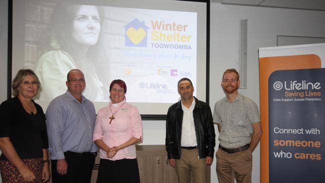 Eight Toowoomba churches have teamed up to host the Winter Shelter on alternating nights of the week. Pastors and leaders from five of the eight churches involved are (from left) Heather Hall from Toowoomba Wesleyan Methodist Church, Daniel Wallis from South Toowoomba Baptist Church, Pauline Harley from Toowoomba West Anglican Church, Edgar Mayer from Living Grace Church and Will Curtis from Toowoomba City Church at the launch of the Winter Shelter Toowoomba Pilot Program. Picture: Kate McCormack