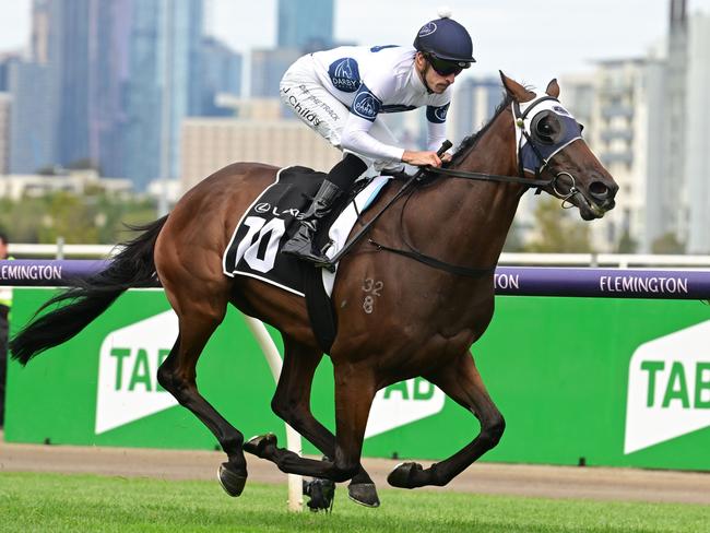 MELBOURNE, AUSTRALIA - MARCH 25: Jordan Childs riding Goldman winning Race 5, the Lexus Roy Higgins, during Melbourne Racing at Flemington Racecourse on March 25, 2023 in Melbourne, Australia. (Photo by Vince Caligiuri/Getty Images)