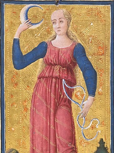 <p><strong>Antonio Cicognara</strong><br/> <em>The moon</em> (tarot card) 1440s.<br/> Tempera and gold on paper laid on card.<br/> Accademia Carrara, Bergamo, bequest of Count Francesco Baglione, 1900.<br/> (This image has been cropped).<br/> Picture: Supplied</p>