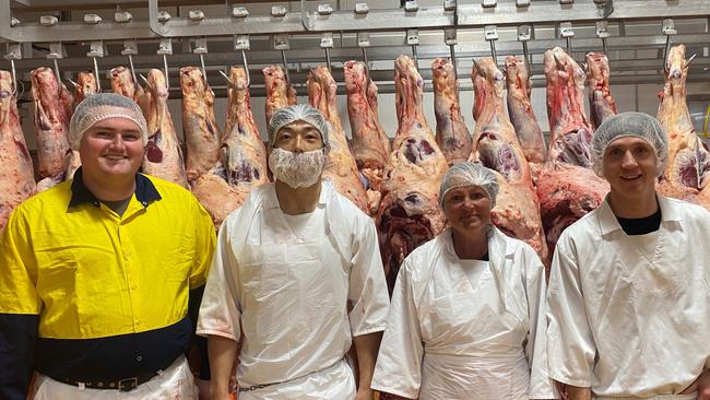 Casino Co-op employees undertaking an on-site Certificate II in Meat Processing (Abattoirs), to gain practical skills and training to work in the livestock industry are Gary Stubbings (left), Shigeru Aikawa, Charmaine Von Bibra, Blake OâHalloran. Picture: supplied