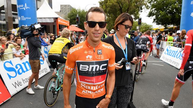 Richie Porte wears the ochre jersey at the 2017 Tour Down Under. Picture: AAP Image/Dan Peled