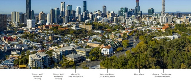 The old Energex building (centre, front, between Grangehill and Carrington Manor) and adjacent heritage properties.