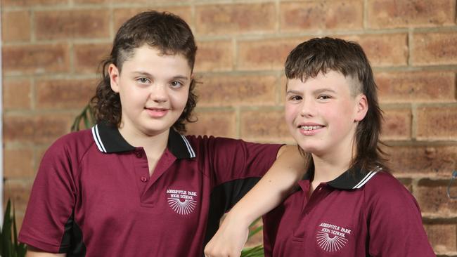 South Australian school students Liam and Harry show off their mullets. Picture Emma Brasier