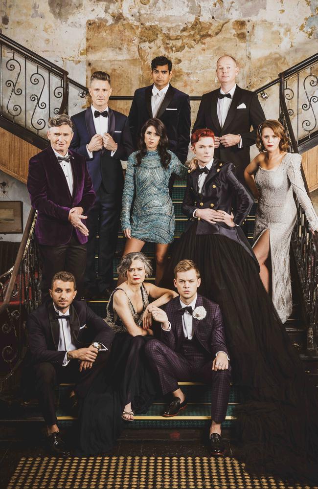 Top: L-R Wil Anderson (wearing Joe Black), Dilruk Jayasinha (Joe Black) and Tom Gleeson (Anthony Squires), Middle: L-R Dave Hughes (Jack London), Becky Lucas (Alin Le Kal dress/Anton earrings), Rhys Nicholson (Silvana Tedesco), Anne Edmonds (Silvana Tedesco gown/Stephanie Browne hair piece) Bottom: L-R Tommy Little (Joe Black), Judith Lucy (Craig Braybrook) Joel Creasey (Calibre) Shoes by Edward Meller and Bared. Stylist Rachel Dennis. Location The Espy. Picture: Nicole Cleary