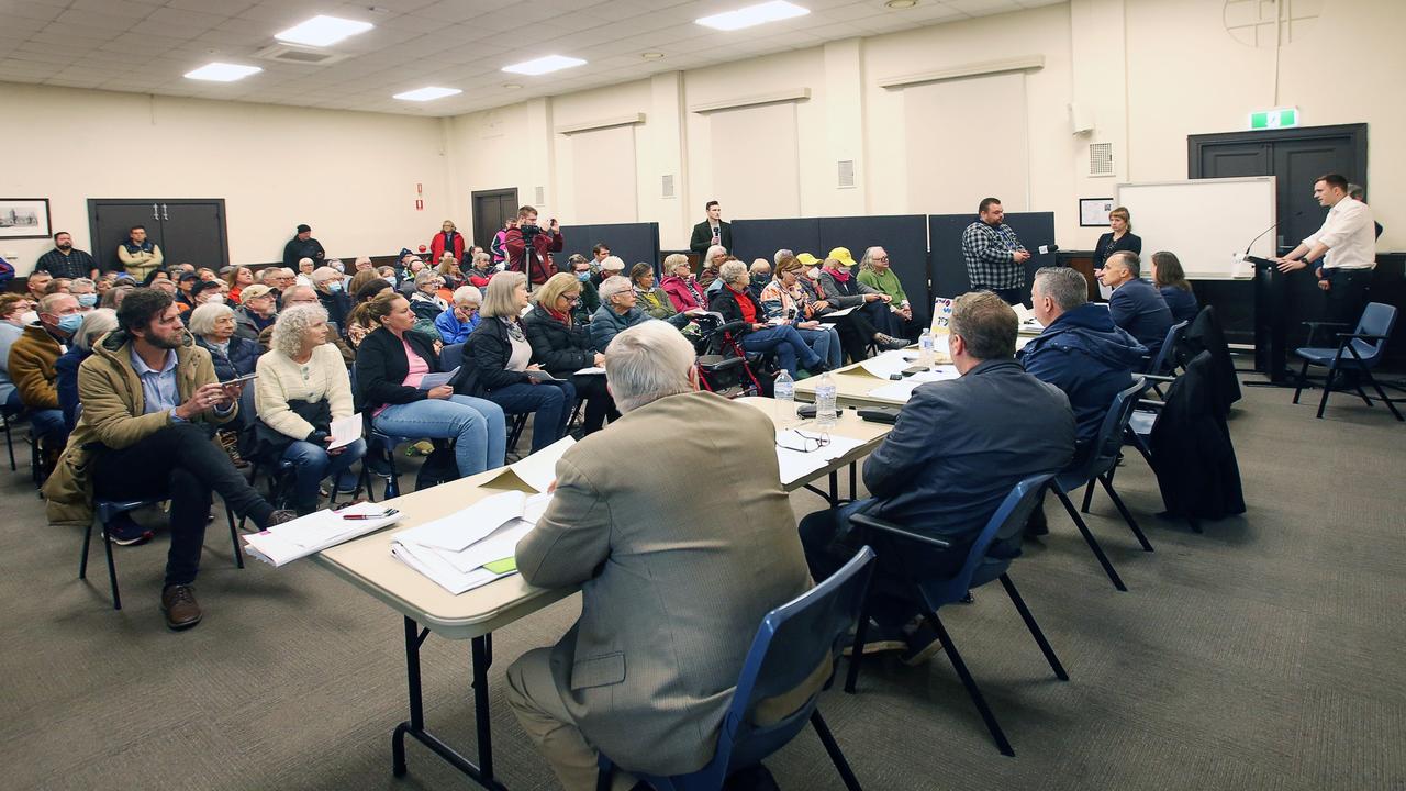 City of Greater Geelong Mayor Trent Sullivan addresses a packed Geelong West Town Hall on Saturday. Picture: Alan Barber