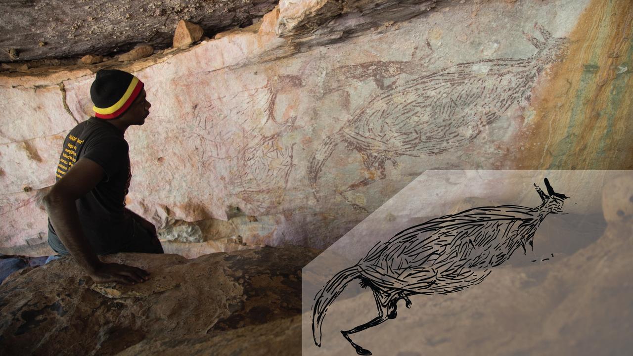 Traditional owner Ian Waina studies the Kimberley region kangaroo rock art determined to be more than 17,000 years old. Inset: an enhanced version of part of the kangaroo painting. Picture: Peter Veth, Balanggarra Aboriginal Corporation