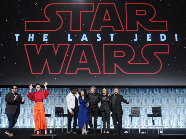 Host Josh Gad with Star Wars stars Daisy Ridley, John Boyega, Kelly Marie Tran and Mark Hamill, alongside Lucasfilm president Kathleen Kennedy and director Rian Johnson at the 2017 Star Wars Celebration in Orlando, Florida. Picture: AFP/Getty/Gerardo Mora