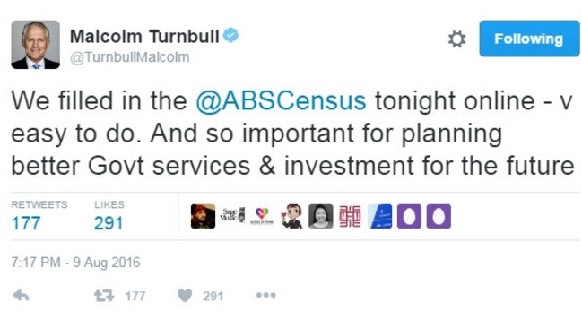 Malcolm Turnbull's tweet on Census night. Within an hour the Census website had crashed due to an overseas DoS attack.