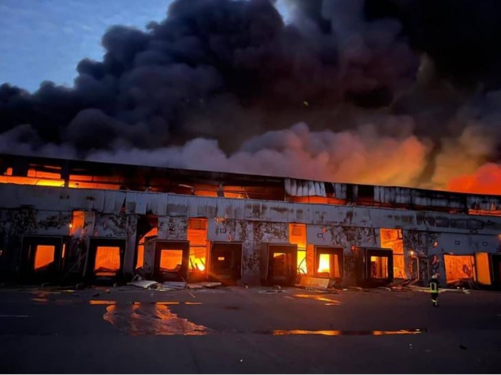 A frozen goods warehouse in Kvitneve, Brovary District, caught fire after shelling. Picture: Interior Ministry of Ukraine