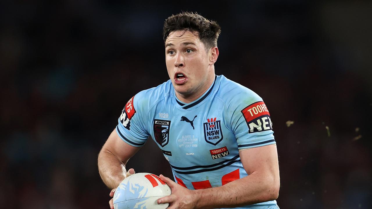 SYDNEY, AUSTRALIA - JULY 12: Mitchell Moses of the Blues runs the ball during game three of the State of Origin series between New South Wales Blues and Queensland Maroons at Accor Stadium on July 12, 2023 in Sydney, Australia. (Photo by Brendon Thorne/Getty Images)