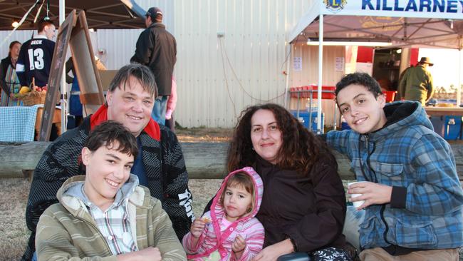 Julian, Peter, Sofia, Grace and Tim Ward from Brisbane ready for the Killarney Bonfire and Fire Drum Night Saturday, July 19, 2014. Photo John Towells / Warwick Daily News