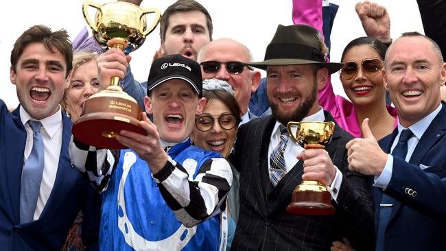 Mark Zahra and Ciaron Maher after winning the 2022 Melbourne Cup with Gold Trip.