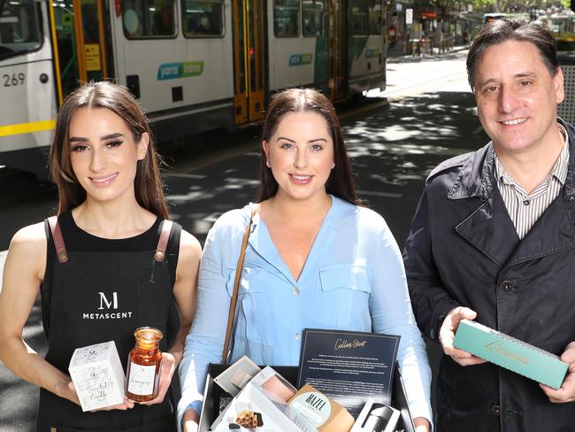 L-R Halle OÃBryan MetaScent, Sofie Gillard, Botanica Wellness Spa and Clinic, Yuri Angele, Brunetti. Collins Street Precinct Group. They are holding some of the products that they hope will get people back to the Collins Street precinct. Thursday, October 29, 2020. Picture: David Crosling