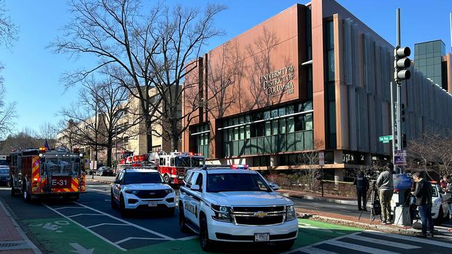 US Secret Service vehicles block access to a street leading to the Embassy of Israel in Washington after Aaron Bushnell set himself on fire. Picture: AFP.