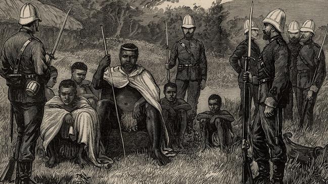 An illustration showing British troops capturing Zulu King Cetshwayo on August 28, 1879.