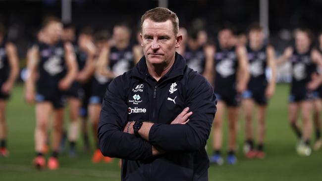 MELBOURNE, AUSTRALIA - JULY 26: A disappointed Michael Voss, Senior Coach of the Blues is seen after the round 20AFL match between Carlton Blues and Port Adelaide Power at Marvel Stadium, on July 26, 2024, in Melbourne, Australia. (Photo by Darrian Traynor/Getty Images)