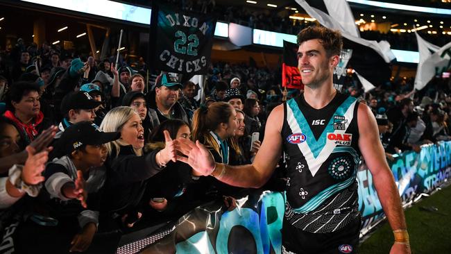 Scott Lycett of the Power thanks fans after the round 14 win over Geelong at Adelaide Oval. Picture: Getty Images