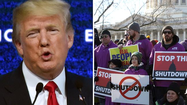 US President Donald Trump speaks at the World Economic Forum as workers and their families protest the US government shutdown.