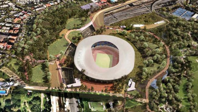 A view of the proposed Brisbane stadium and new national aquatic centre at Victoria Park, in the Arcadis Victoria Park Strategic Plan for the 2032 Brisbane Olympic Games. Picture: Archipelago Architects