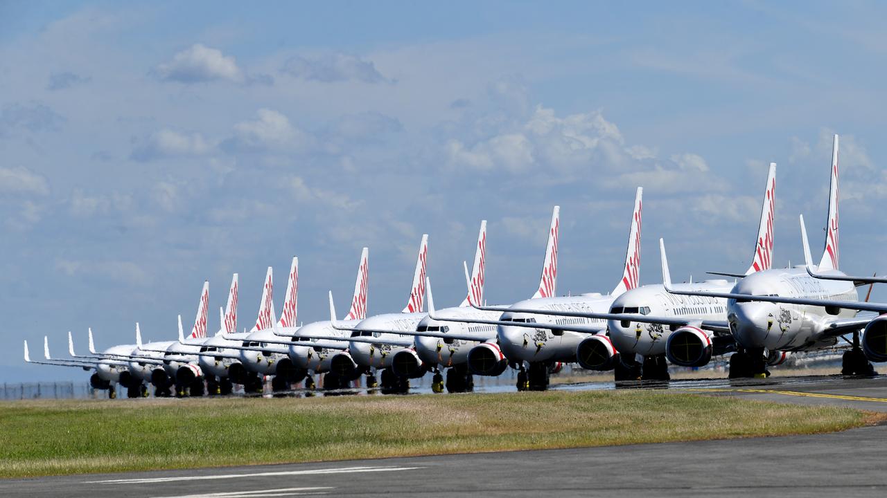 Grounded Virgin aircraft parked at Brisbane Airport. Picture: Darren England/AAP