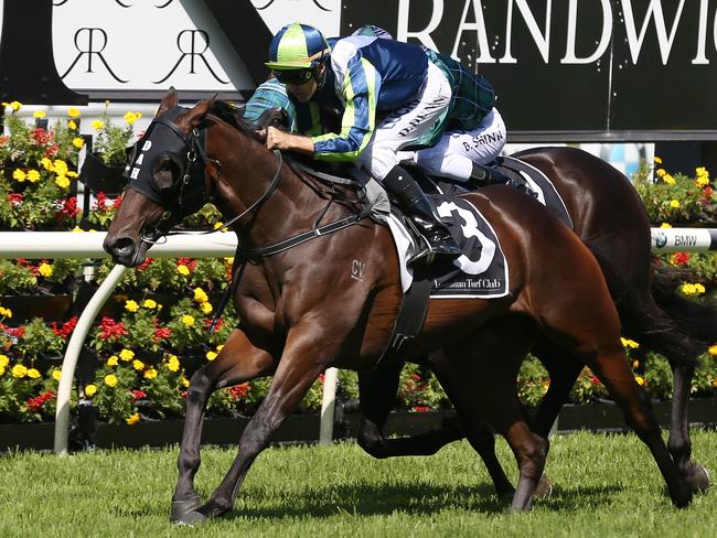 He's Our Rokkii and Dwayne Dunn combine to win the Carbine Club Stakes. Picture: AAP