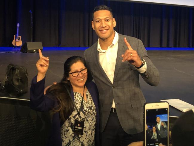 Israel Folau posing with fans at the Australian Christian Lobby's Not Ashamed conference at the International Convention Centre in Darling Harbour on Saturday. Picture: Brenden Hills.