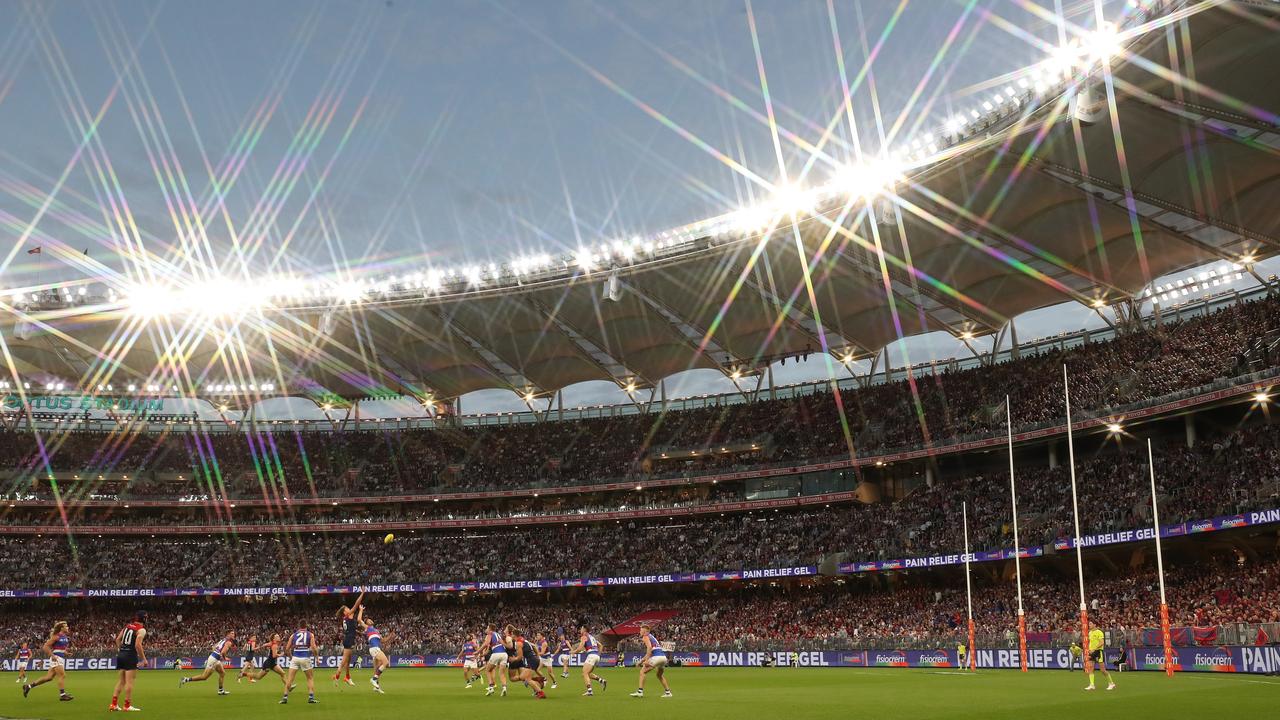 The Demons and Bulldogs do battle at Perth Stadium. Picture: Getty