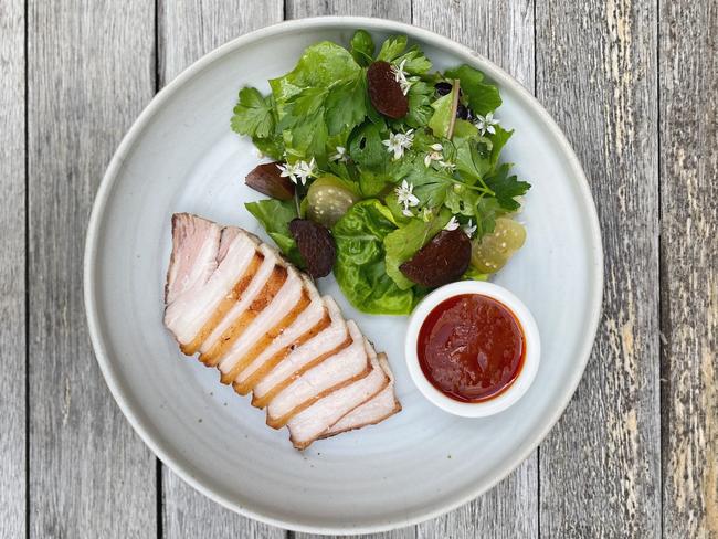 Pork from Gardners Bay Farm at a Sunday Lunch at the Port Cygnet Cannery. Picture: Franca Zingler