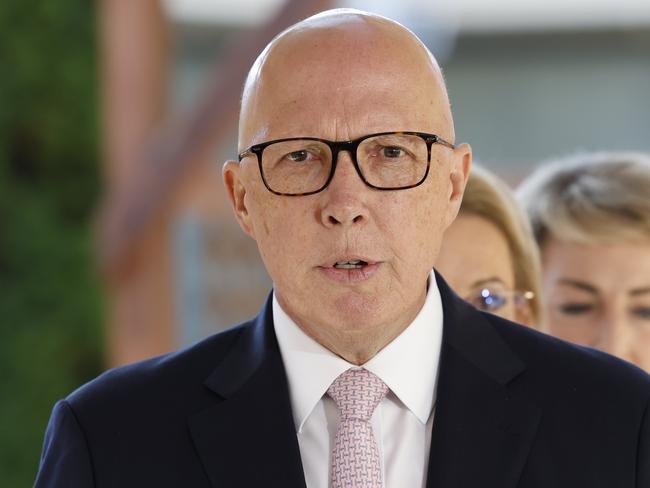 NCA 2025 FEDERAL ELECTION LIBERAL BUS. 24/04/2025Pictured at a Catholic Care centre in the electorate of Clark in Hobart Tasmania is Opposition Leader Peter Dutton who used the visit to announce the Coalitions domestic and family violence policy.Picture: Richard Dobson / Newswire
