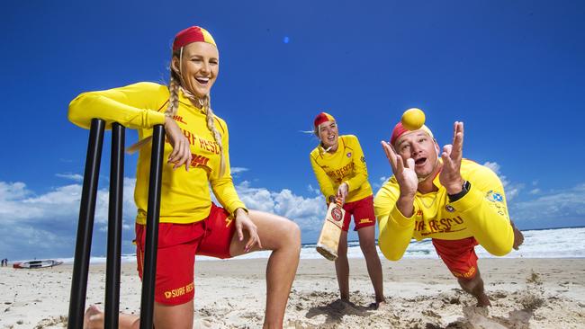 Surf Life Saving Queensland is launching a campaign to stop the Barmy army getting into trouble at the beach. Britt Brymer, Rebekah Austin and Nathan Fife are pictured. Picture: Nigel Hallett