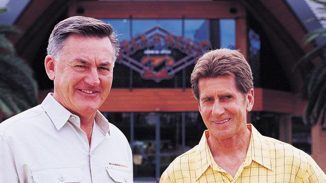 Former Billabong chairman Gary Pemberton (left) and founder Gordon Merchant in July 2000.