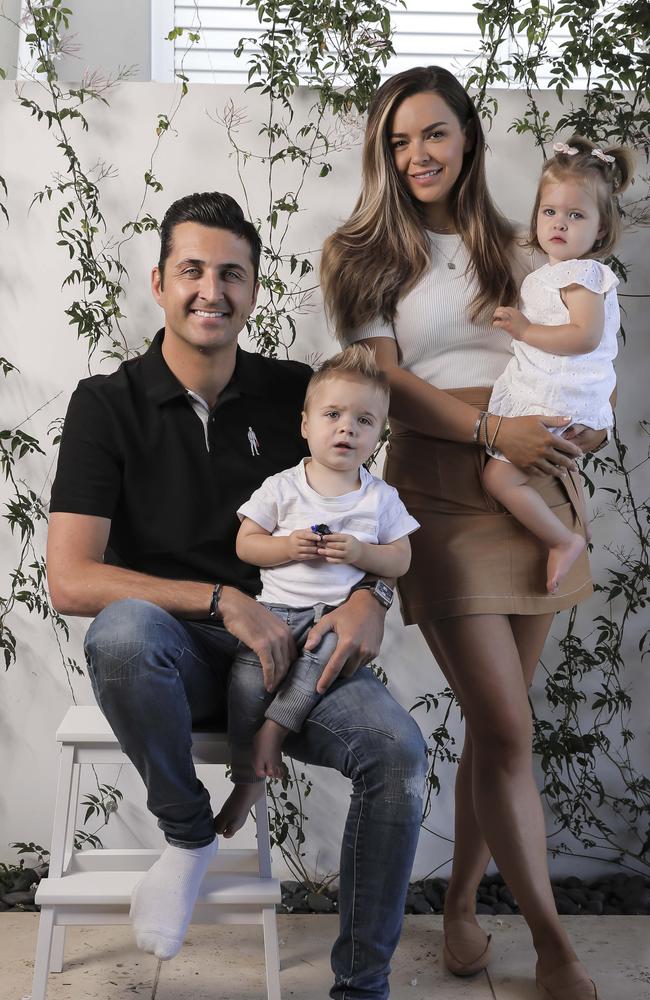 Fabian Coulthard and fiance Becky Lamb with their two-year-old twins Carter and Mackenzie. Picture: Mark Cranitch.