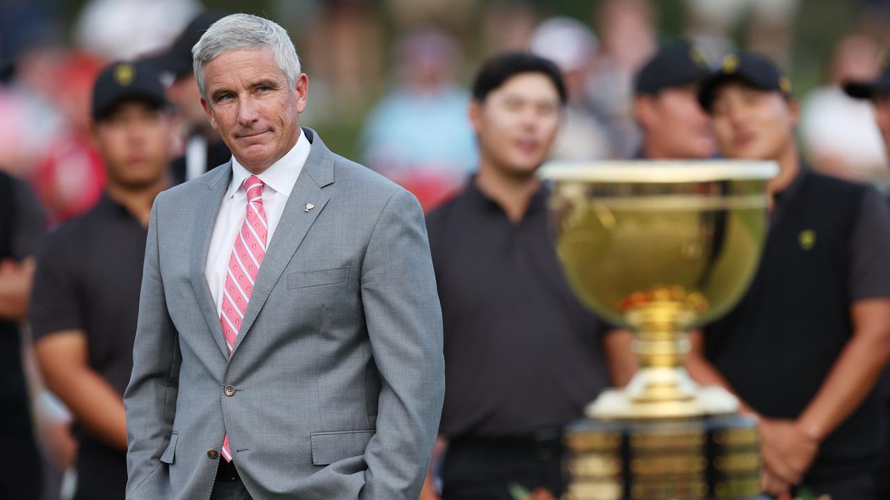 Jay Monahan, Commissioner of the PGA Tour, looks on during the closing ceremony after Sunday singles matches on day four of the 2022 Presidents Cup at Quail Hollow Country Club on September 25, 2022 in Charlotte, North Carolina. (Photo by Rob Carr/Getty Images)