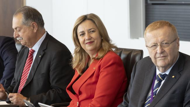 Brisbane organising committee president Andrew Liveris, left, Queensland Premier Annastacia Palaszczuk and outgoing AOC chief John Coates. Picture: NewsWire / Sarah Marshall