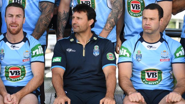 James Maloney, coach Laurie Daley, and captain Boyd Cordner of the Blues.