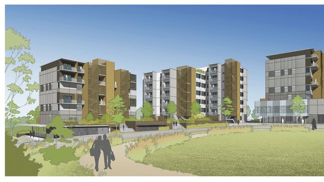 Artist impression of three buildings being built in Macarthur Gardens by BlueCHP.