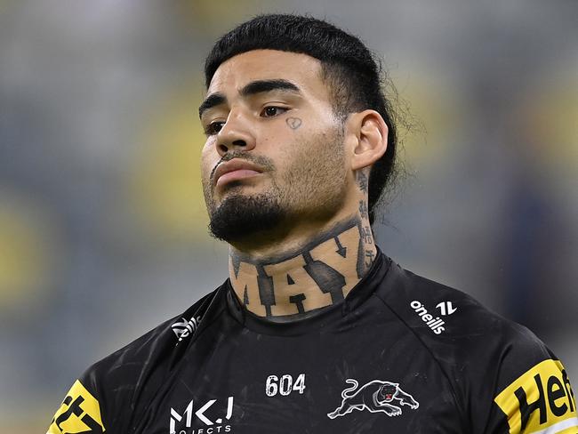 TOWNSVILLE, AUSTRALIA - APRIL 27: Taylan May of the Panthers looks on before the start of the round eight NRL match between North Queensland Cowboys and Penrith Panthers at Qld Country Bank Stadium, on April 27, 2024, in Townsville, Australia. (Photo by Ian Hitchcock/Getty Images)