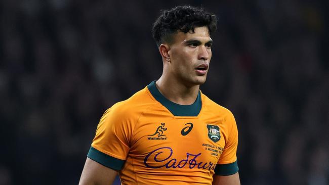 LONDON, ENGLAND - NOVEMBER 09:  Joseph-Aukuso Suaalii of Australia looks on during the Autumn Nations Series 2025 match between England and Australia at Allianz Twickenham Stadium on November 09, 2024 in London, England. (Photo by David Rogers/Getty Images)