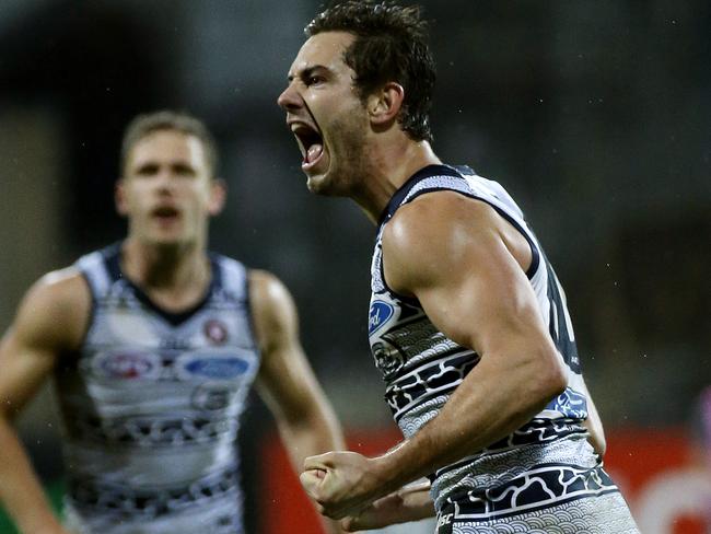 Daniel Menzel celebrates one of his three goals. Picture: George Salpigtidis