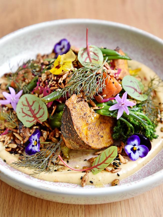 Roasted vegetables salad with miso tahini.