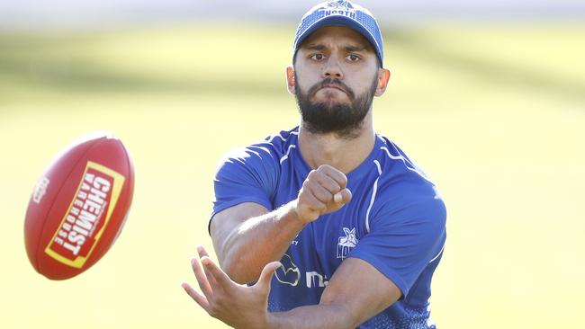 Aaron Hall is seen during a North Melbourne Kangaroos training session at Arden Street Oval in Melbourne, Tuesday, July 2, 2019.  (AAP Image/Daniel Pockett) NO ARCHIVING